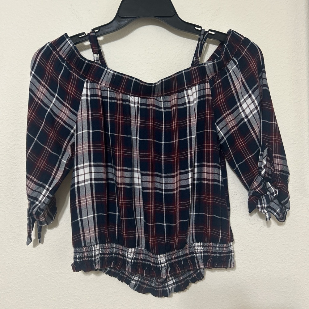 BCX Plaid Cold Shoulder Smocked Top Tie Sleeve Medium Grunge - Picture 5 of 8